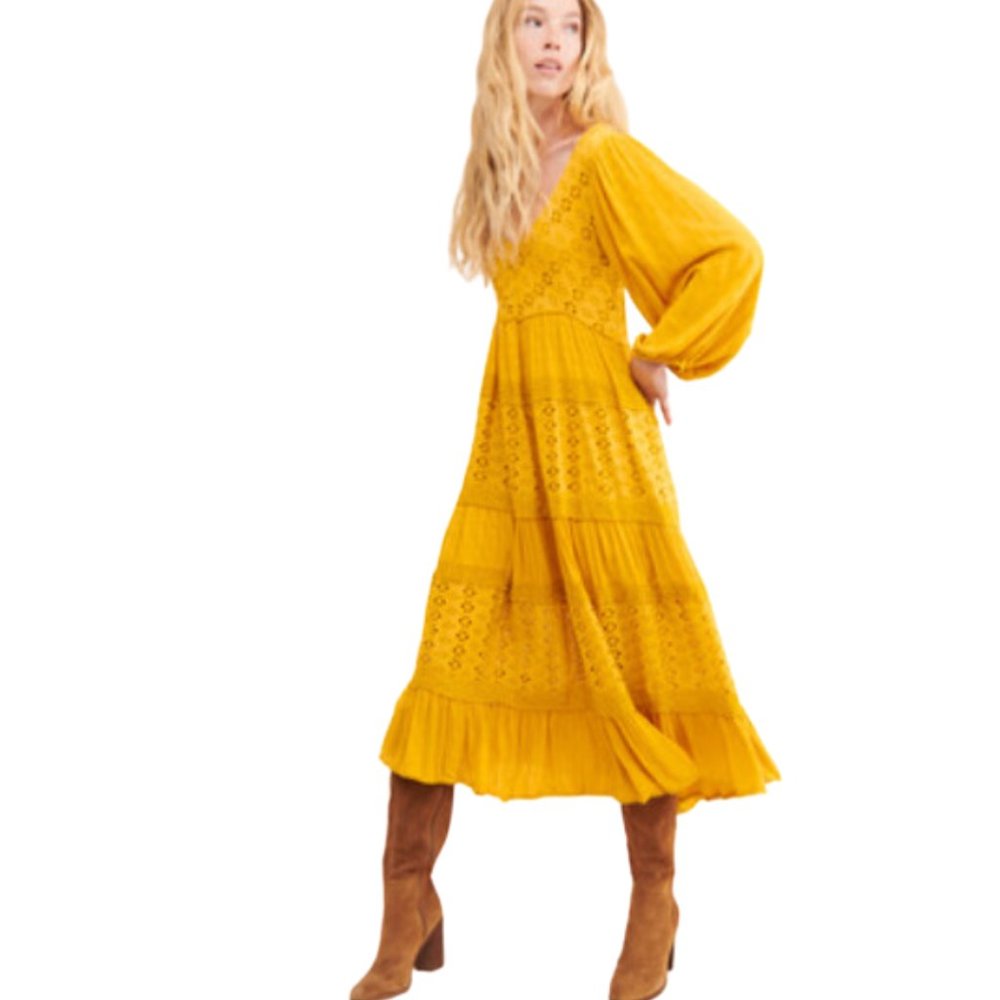 Free People Mockingbird Yellow Eyelet Maxi Boho Dress